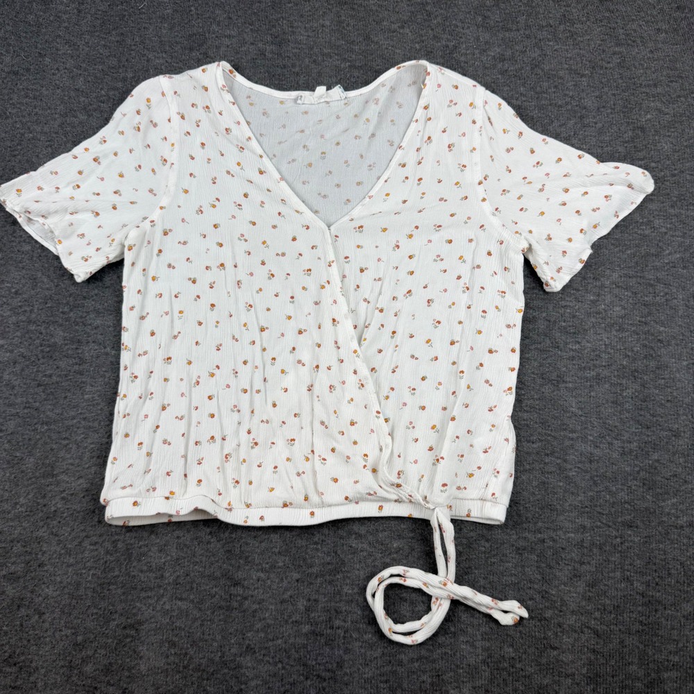 Pink Rose Wrap Top Women S White Floral V-Neck Short Sleeve Side Tie PS0W10171
